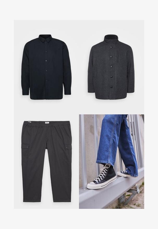 Casaco de lã cinza escuro com padrão em espinha de peixe, gola alta, fecho frontal com botões e bolsos laterais. Apresenta um design de corte reto.; Camisa preta de botão, feita de algodão, com colarinho clássico, mangas longas e sete botões frontais. Textura suave, sem padrões notáveis.; Calças cargo pretas com um cós elástico, bolsos laterais e detalhes de botão de pressão. Feitas de um tecido leve e suave.; Ténis altos pretos com sola e atacadores brancos, combinados com jeans azul desgastado, repousando sobre um corrimão cinza.