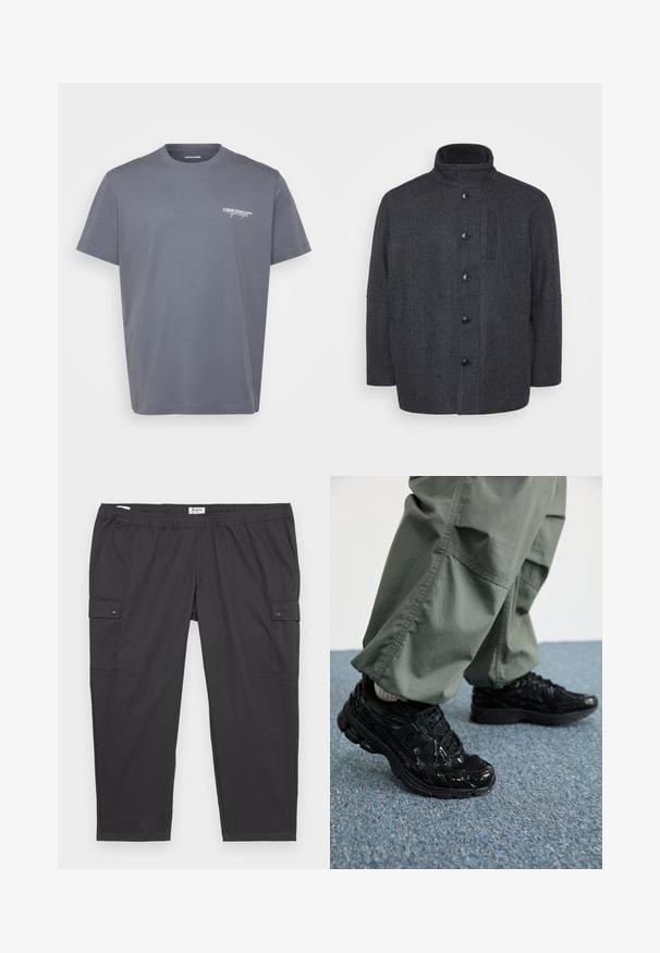 Tumši pelēks vilnas mētelis ar žakarda rakstu, augstu apkakli, priekšējo pogu aizdari un sānu kabatām. Iezīmētais taisnas formas dizains.; Pelēks kokvilnas T-krekls ar īsām piedurknēm, apaļu kakla izgriezumu un mazu baltu "ORIGINALS" logo kreisajā krūtī. Gluda tekstūra, klasiskā piegriezuma.; Melni cargo bikses ar elastīgu jostasvietu, sānu kabatām un spiedpogām. Izgatavotas no viegla, gluda auduma.; Melni sporta apavi ar spīdīgu un sieta tekstūru, ar biezu zoli un auklām, kombinēti ar brīvām olīvzaļām kravas biksēm.