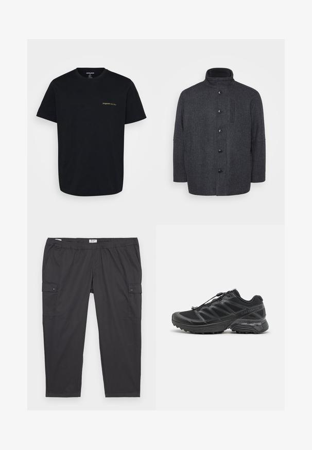 Manteau en laine gris foncé avec un motif en chevron, col montant, fermeture à boutons sur le devant et poches latérales. Présente un design à coupe droite.; T-shirt en coton noir à manches courtes, avec un petit logo "Originals" brodé en doré sur la poitrine gauche. Design classique à col rond.; Pantalons cargo noirs avec une taille élastique, des poches latérales et des accents de boutons-pression. Fabriqués en tissu léger et lisse.; Chaussure de course noire avec tige en maille et synthétique, semelle extérieure flexible et lacets élastiques. Dispose d'une semelle intermédiaire rembourrée pour le confort.