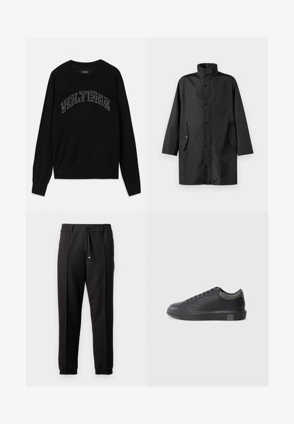 Schwarzer wasserdichter Mantel mit hohem Kragen, Druckknöpfen und Seitentaschen. Glattes Material mit lockerer, gerader Schnittführung.; Schwarzer Pullover mit Rundhalsausschnitt und langen Ärmeln. "VOLTAIRE" in kontrastierender Steppung über der Brust. Weicher Stoff und figurbetonter Schnitt.; Schwarze Hose mit einem Bund, Kordelzug und elastischen Bündchen. Sie verfügt über Plissees und einen glatten, strukturierten Stoff.; Schwarze Ledersneaker mit glatter Oberfläche, runder Zehenpartie und dunkelgrauen Akzenten. Verfügt über ein Schnürdesign und eine strukturierte Gummisohle.