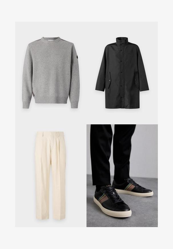 Must tõmbamatud musta vihmajope kõrge kaelusega, nööbiga ja küljetaskutega. Sile kangas ja lõdva sirge lõikega disain.; Hallitatud hall soe kampsun, millel on ribakujundus, ümardatud kaelus ja kontrastsed aktsendid õlgadel. Ka mansetid on ribakujundusega.; NN.07 KAY - Püksid - off white; Mustad nahast spordijalatsid mitmevärviliste triipudega aktsentide, ümmarguse nina, ja valgete kummist talladega, omades paeladese disaini ja volditud brändimist.