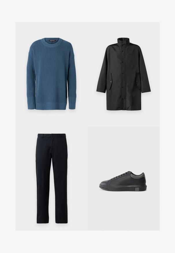 Schwarzer wasserdichter Mantel mit hohem Kragen, Druckknöpfen und Seitentaschen. Glattes Material mit lockerer, gerader Schnittführung.; Blauer gestrickter Pullover mit Rundhalsausschnitt, langen Ärmeln sowie gerippten Bündchen und Saum. Verfügt über ein strukturiertes Muster und ein Logotag an der Seite.; Schwarze gerade geschnittene Hose aus einem glatten Stoff. Verfügt über einen einzelnen Knopfverschluss und Gürtelschlaufen, ohne sichtbare Muster oder Akzente.; Schwarze Ledersneaker mit glatter Oberfläche, runder Zehenpartie und dunkelgrauen Akzenten. Verfügt über ein Schnürdesign und eine strukturierte Gummisohle.