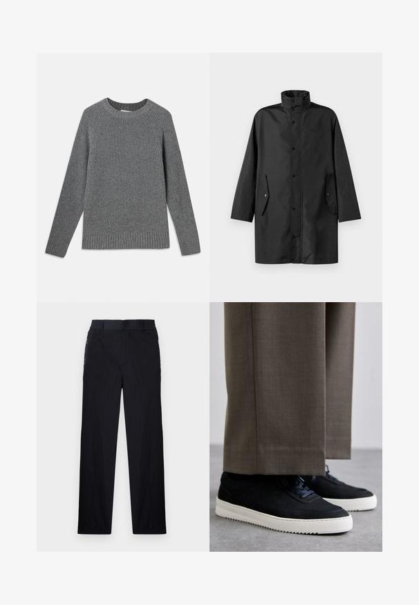 Czarny wodoodporny płaszcz z wysokim kołnierzem, napami i bocznymi kieszeniami. Gładki materiał i luźny, prosty krój.; Szary, prążkowany sweter z długimi rękawami, okrągłym dekoltem i teksturowanym materiałem. Posiada prążkowane ściągacze przy mankietach i na dole.; Czarne spodnie wykonane z lekkiego, teksturowanego materiału, o prostym kroju, z elastycznym paskiem i bocznymi kieszeniami na zamek.; Czarne zamszowe sneakersy z białymi gumowymi podeszwami, z zaokrąglonym noskiem i sznurówkami, noszone z szarymi dopasowanymi spodniami.