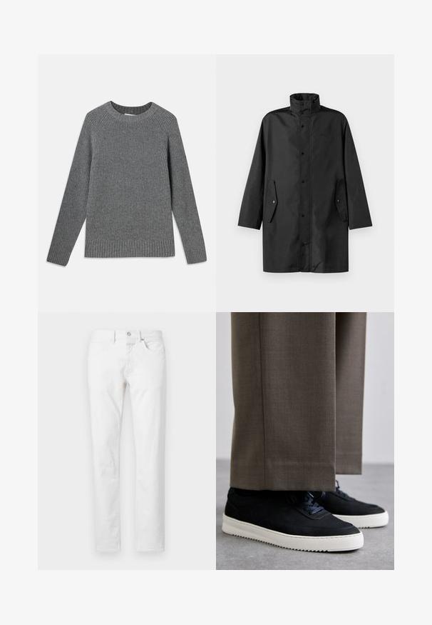 Fekete vízálló kabát, magas gallérral, patentos záródással és oldalsó zsebekkel. Simító anyag, laza, egyenes szabású dizájnnal.; Szürke bordázott pulóver hosszú ujjakkal, kerek nyakkivágással és texturált anyagból készült. Bordázott szegélyekkel rendelkezik a mandzsettákon és az alján.; Fehér, egyenes lábú farmernadrág, öt zsebbel, gombos záródással és klasszikus illeszkedéssel, minimális textúrával.; Fekete velúr sportcipők fehér gumitalppal, kerek orrú, fűzős kialakítással, szürke, szabott nadrággal párosítva.