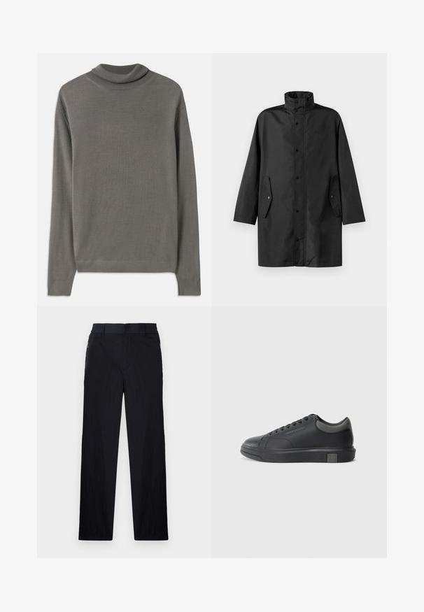 Svart vannavstøtende jakke med høy krage, trykknapper og sidelommer. Glatt stoff med en avslappet, rett skjæring.; Grå turtleneck genser laget av mykt, lett stoff. Har lange ermer og en ribbete halslinning med en glatt tekstur gjennomgående.; Sorte bukser med lett og teksturert stoff, rett ben-design, elastisk midjebånd og sidelommer med glidelås.; Sorte lærersneakers med en glat finish, rund tå og mørkegrå detaljer. Har snørebånd og en struktureret gummisål.
