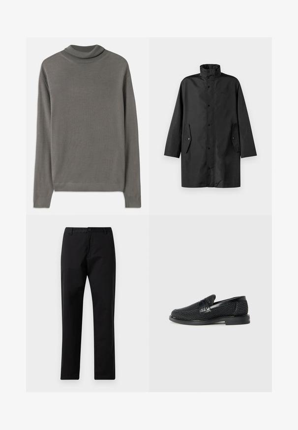 Cappotto impermeabile nero con colletto alto, chiusure a pressione e tasche laterali. Tessuto liscio con un design dritto e rilassato.; Maglione grigio a collo alto realizzato in tessuto morbido e leggero. Presenta maniche lunghe e un collo a costine con una texture liscia in tutta la superficie.; Pantaloni neri a gamba dritta con chiusura a bottone e zip, passanti per cintura e tasche frontali, esposti su sfondo bianco.; Scarpa nera a mocassino intrecciata con un accentuato in pelle liscia sulla parte superiore, design a punta rotonda e suola in gomma a profilo basso.
