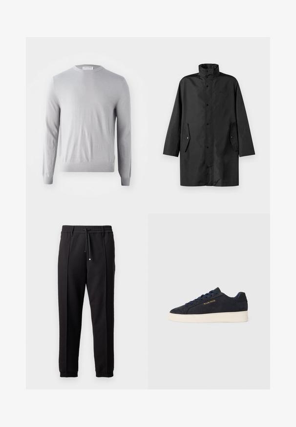 Manteau imperméable noir avec un col haut, des fermetures à pression et des poches latérales. Tissu lisse au design décontracté et droit.; Sweater à manches longues gris clair avec un col rond, fabriqué en tissu doux, présentant une texture lisse et des poignets et un ourlet côtelés.; Pantalons noirs avec une taille élastique, cordon de serrage et poignets élastiques. Présente des plis et un tissu lisse et texturé.; Baskets basses en daim bleu marine avec semelle blanche, lacets bleu marine et logo "Filling Pieces" en or sur le côté.