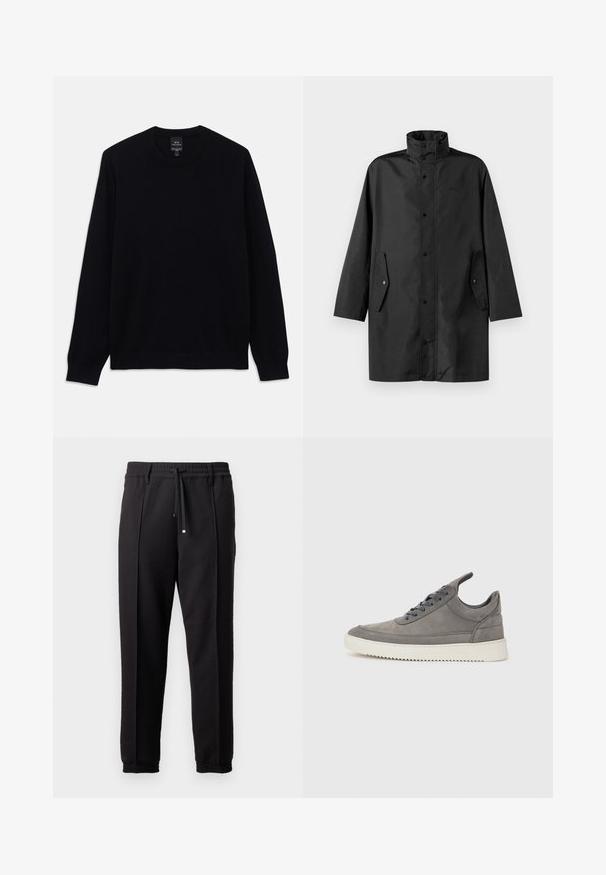 Svart vannavstøtende jakke med høy krage, trykknapper og sidelommer. Glatt stoff med en avslappet, rett skjæring.; Svart langermet genser med rund hals og ribbede mansjetter og kant, Armani Exchange-merket synlig på innsiden av kragen.; Sorte bukser med liv, snor og elastiske mansjetter. Har plisséer og et glatt, teksturert stoff.; Grå semsket joggesko med teksturert overflate, som har en hvit gummisåle, runde snorer og et lavt design.