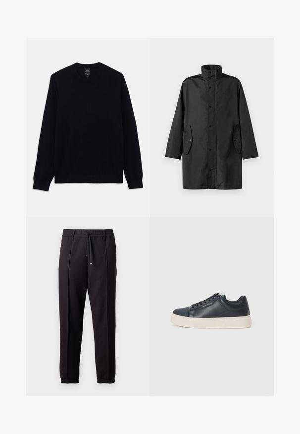 Svart vannavstøtende jakke med høy krage, trykknapper og sidelommer. Glatt stoff med en avslappet, rett skjæring.; Svart langermet genser med rund hals og ribbede mansjetter og kant, Armani Exchange-merket synlig på innsiden av kragen.; Sorte bukser med liv, snor og elastiske mansjetter. Har plisséer og et glatt, teksturert stoff.; Marin lær sneaker med en teksturert finish, kontrasterende hvit gummisåle, rund tå og flate lisser, med subtil branding på siden.