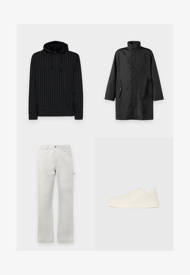 Fekete vízálló kabát, magas gallérral, patentos záródással és oldalsó zsebekkel. Simító anyag, laza, egyenes szabású dizájnnal.; Fekete kapucnis pulóver, amely ismétlődő geometrikus mintával rendelkezik. Puha anyagból készült, zsinóros kapucnival és bordás mandzsettákkal a kényelmes illeszkedés érdekében.; Világosszürke, egyenes fazonú nadrág, sima pamutszövetből készült, elülső zsebekkel és egy oldalsó cargo zsebbel.; Alacsony szárú, bézs bőr sportcipő kerek orral, minimális varrással és oldalcipzárral, fehér háttér előtt.