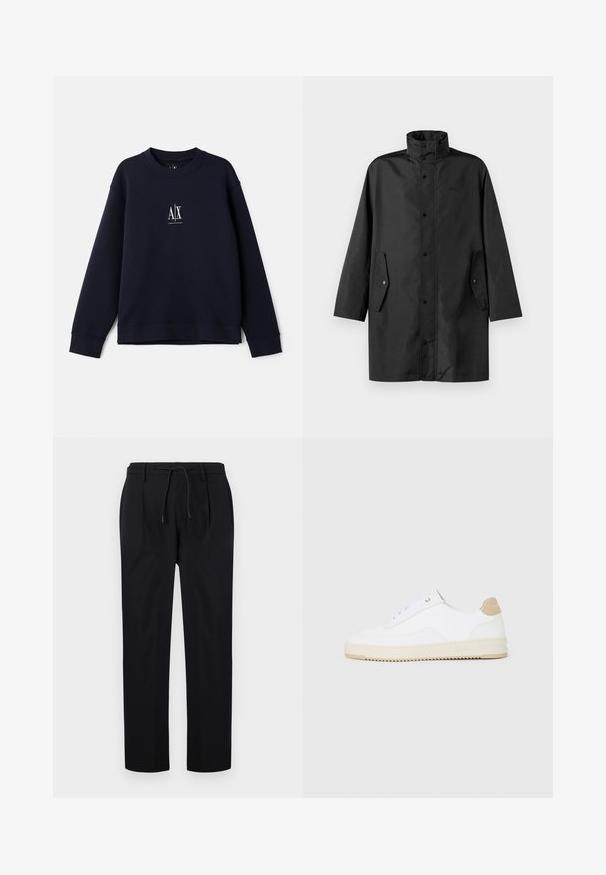 Cămașă impermeabilă neagră, cu guler înalt, închidere cu capse și buzunare laterale. Material neted cu un design relaxed, cu croială dreaptă.; Hanorac bleumarin din bumbac moale, cu guler rotund, mâneci lungi și un mic logo alb pe piept.; Pantaloni negri dintr-un material neted, cu talie ajustabilă prin sfoară, picioare drepte și pliere frontală pentru un aspect structurat.; Tenisi albi cu vârful jos, cu un exterior din piele texturată, talpă crem cu striații și accent de călcâi în nuanță de bej. Au șireturi albe și detalii cu logo pe călcâi.