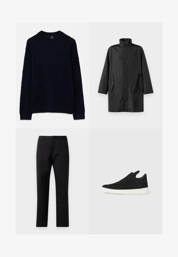 Fekete vízálló kabát, magas gallérral, patentos záródással és oldalsó zsebekkel. Simító anyag, laza, egyenes szabású dizájnnal.; Sötétkék, hosszú ujjú pulóver textúrált hullámos kötésmintával és bordás kerek nyakkivágással, mandzsettákkal és aljjal az Armani Exchange-től.; Fekete egyenes szabású nadrág gombos és cipzáras záródással, övhurkokkal és elülső zsebekkel, fehér háttérre kihelyezve.; Fekete nubuk sportcipő fehér gumitalppal, tónusos varrással és fűzős kialakítással. Simák a textúrája, modern, letisztult formával rendelkezik.
