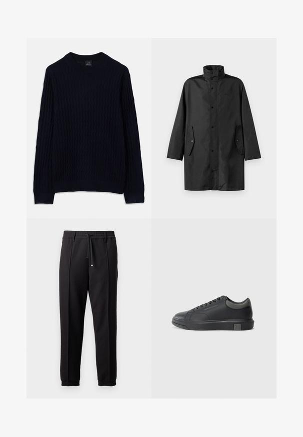 Black waterproof coat featuring a high collar, snap closures, and side pockets. Smooth fabric with a relaxed, straight cut design.; Navy blue long-sleeve sweater with a textured wavy knit pattern and ribbed crew neckline, cuffs, and hem by Armani Exchange.; Black trousers with a waistband, drawstring, and elastic cuffs. Features pleats and a smooth, textured fabric.; Black leather sneaker with a smooth finish, rounded toe, and dark grey accents. Features lace-up design and textured rubber sole.