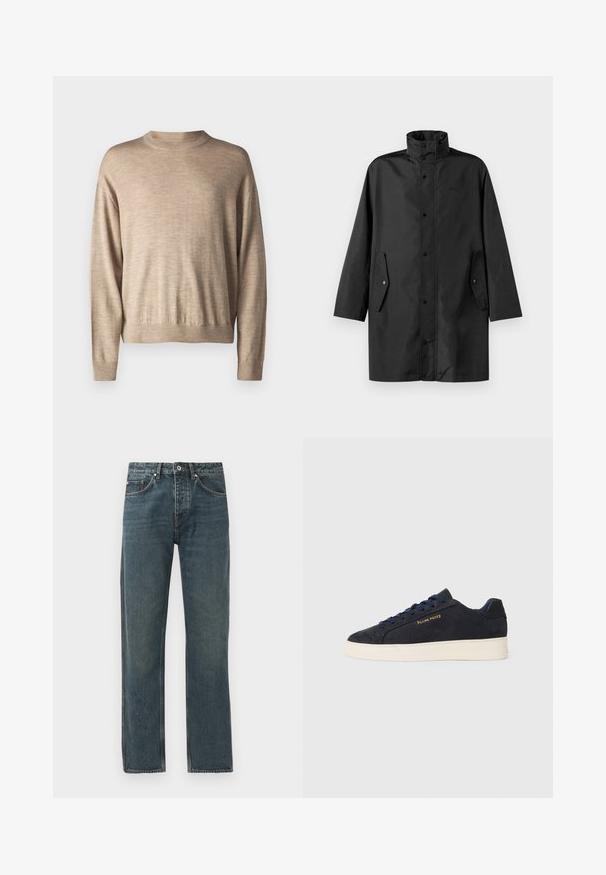 Fekete vízálló kabát, magas gallérral, patentos záródással és oldalsó zsebekkel. Simító anyag, laza, egyenes szabású dizájnnal.; Végtelen hosszú ujjú, puha anyagból készült bézs pulóver; kerek nyakkivágással és bordázott mandzsettával rendelkezik, laza szabású és sima tapintású.; Sötétkék farmernadrág egyenes lábbal, öt zsebbel, gombos záródással és kontrasztos varrási részletekkel.; Sötétkék velúr, alacsony szárú teniszcipő fehér talppal, sötétkék fűzőkkel és arany színű "Filling Pieces" logóval az oldalán.