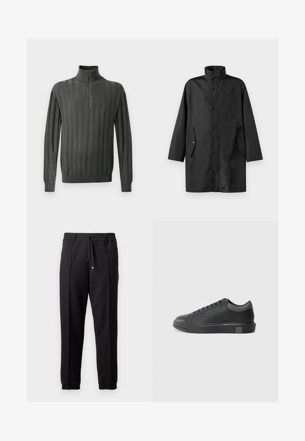 Melna ūdensizturīga jaka ar augstu apkakli, poga slēgšanu un sānu kabatām. Gluda auduma ar brīvu, taisnu griezumu.; Tumši zaļš adīts džemperis ar pusi rāvējslīdošā apkakle, ar vertikālu ribotu tekstūru un pieguļošām aprocēm. Mīksts audums, ikdienas dizains.; Melni bikses ar jostu, staipāmu un elastīgām aprocēm. Ar krokām un gludu, teksturētu audumu.; Melna ādas sporta apavi ar gludu apdari, noapaļotu purngali un tumši pelēkiem akcentiem. Aprīkoti ar šņorēšanas dizainu un strukturētu gumijas zoli.