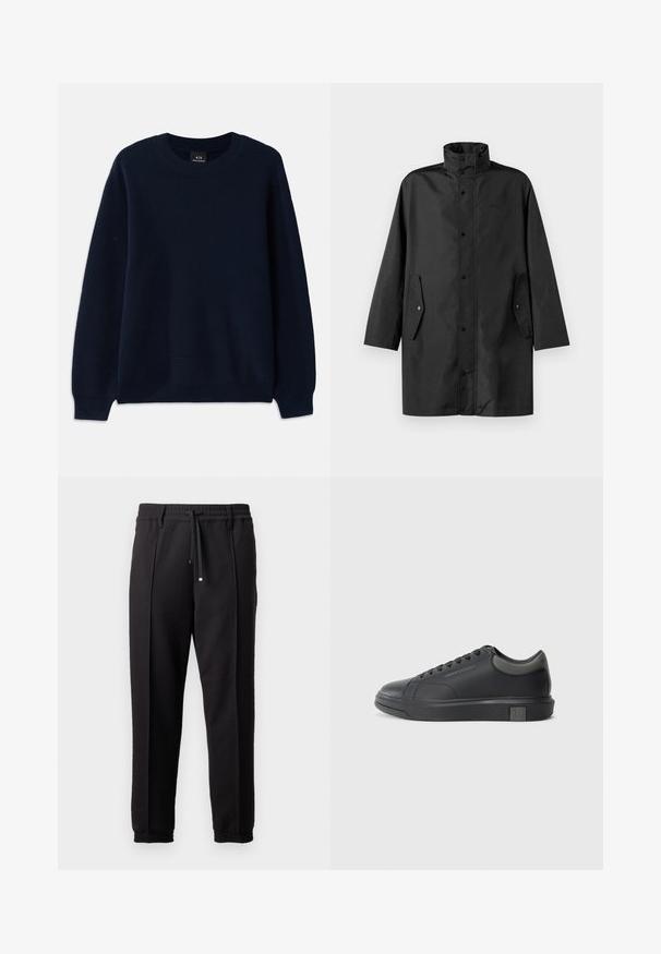 Juodas vandeniui atsparus paltas su aukštu apykakle, sagčių užtrauktuku ir šoniniais kišenėmis. Lygus audinys su laisvu, tiesiu kirpimu.; Tamsiai mėlynas megztinis su apvaliu kaklu ir ilgomis rankovėmis. Dėl audinio struktūros turi tekstūrinį raštą visame paviršiuje.; Juodos kelnės su juosmeniu, raišteliu ir elastingais rankogaliais. Yra raukšlės ir lygus, tekstūruotas audinys.; Juodos odinės sportinės bateliai su lygiu paviršiumi, apvaliu nose ir tamsiai pilkais akcentais. Turi raištelių dizainą ir tekstūruotą gumos padas.