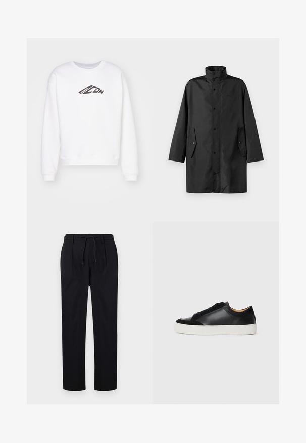 Svart vattentät jacka med hög krage, tryckknappar och sidofickor. Slät tyg med en avslappnad, rak passform.; Vit sweatshirt med rund hals, som har en svart "ICON"-logotyp tryckt på framsidan. Den har en avslappnad passform och ribbade muddar vid ärmarna.; Svarta byxor i slät tyg, med dragsko i midjan, raka ben och framfållningar för en strukturerad look.; Svarta lädersneakers med mockadetaljer, rund tå, platt vit gummisula och kontrasterande texturer på kroppen och snörningen.