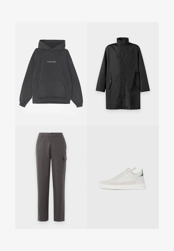 Fekete vízálló kabát, magas gallérral, patentos záródással és oldalsó zsebekkel. Simító anyag, laza, egyenes szabású dizájnnal.; Filling Pieces HANDSHAKE VINTAGE - Kapucnis pulóver - black; Szürke, laza szabású nadrág, sima anyagból készült. Gombos záródással, oldalsó zsebekkel és egy cargo zsebbel rendelkezik a lábon.; Fehér bőr sportcipők szürke bársonyos részletekkel, fűzős kivitelben, hátul húzófüllel és texturált gumi talppal, amelyen zikk-zakk minta található.