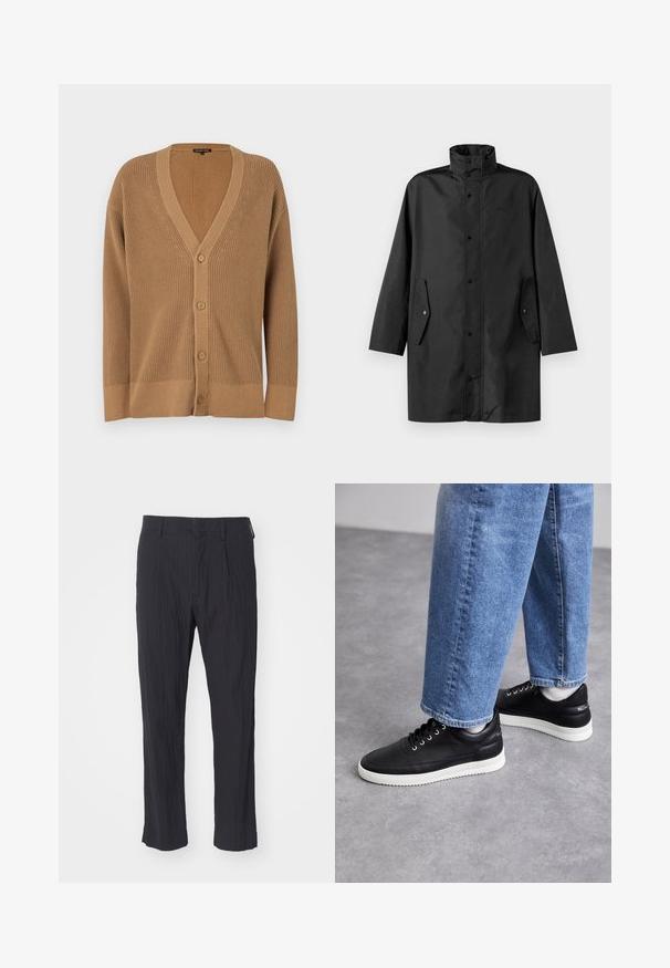 Černý nepromokavý kabát s vysokým límcem, patentkami a bočními kapsami. Hladká látka s uvolněným, rovně střiženým designem.; Hnědý pletený kardigan s výstřihem do V, šesti knoflíky, žebrovanou texturou a širokými rukávy. Design obsahuje jemný vzor podél hran.; Černé plisé kalhoty s texturovanou tkaninou, s rovně střiženými nohavicemi a standardním pasem. Žádné viditelné kapsy nebo kovové prvky.; Černé kožené tenisky s bílými gumovými podrážkami, zaoblenými tkaničkami, hladkým povrchem a diskrétním logem na patě. Nosené s modrými džíny.