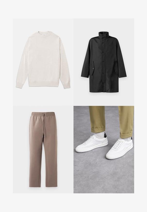 Svart vattentät jacka med hög krage, tryckknappar och sidofickor. Slät tyg med en avslappnad, rak passform.; Ljusbeige tröja i mjukt tyg, med ribbad rund hals, ärmmuddar och nederkant, i avslappnad passform och minimalistisk design.; Bruna, medelhöga mjukbyxor gjorda av mjukt tyg, med resår i midjan och snörning, sidfickor och raka ben.; Vita sneakers med en texturerad läderfinish, rund tå och svart häldetalj. Gummisul med litet mönster och sydd detalj.