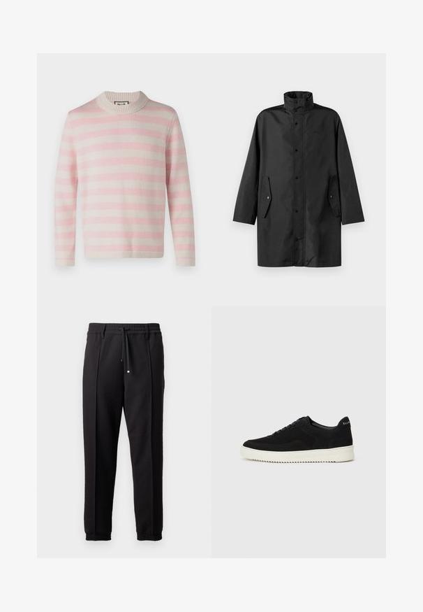 Schwarzer wasserdichter Mantel mit hohem Kragen, Druckknöpfen und Seitentaschen. Glattes Material mit lockerer, gerader Schnittführung.; Leichtes Langarmpullover mit abwechselnden Streifen in Pink und Creme. Mit einem gerippten Rundhalsausschnitt und einer glatten, weichen Textur.; Schwarze Hose mit einem Bund, Kordelzug und elastischen Bündchen. Sie verfügt über Plissees und einen glatten, strukturierten Stoff.; Schwarze Wildleder-Sneaker mit Schnürdesign und kontrastierender weißer Gummisohle. Verfügt über strukturierte Seitenpaneele und dezentes Branding an der Ferse.