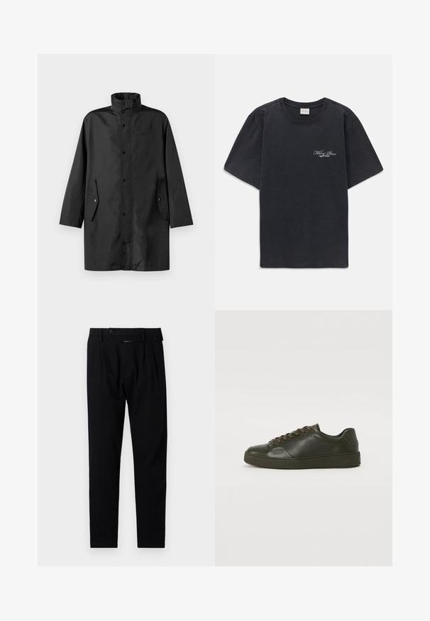 Fekete vízálló kabát, magas gallérral, patentos záródással és oldalsó zsebekkel. Simító anyag, laza, egyenes szabású dizájnnal.; Fekete, rövid ujjú, kerek nyakú póló, bal mellen kis fehér "Filling Pieces" szöveges logóval.; Fekete nadrág, testre szabott fazonnal, lapos elejű, egysoros redőkkel és gombos záródással. Sima anyagból készült, alkalmas formális viseletre.; Sötétzöld bőr tornacipő barna cipőfűzőkkel, kerek orral és textúrált gumitalppal. Simapolírozott felület minimális varrási részletekkel.
