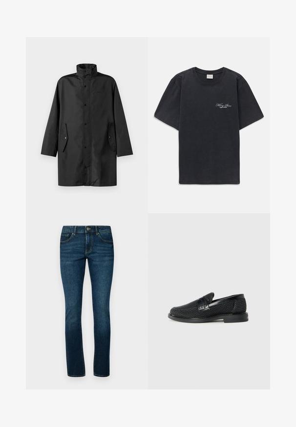 Czarny wodoodporny płaszcz z wysokim kołnierzem, napami i bocznymi kieszeniami. Gładki materiał i luźny, prosty krój.; Czarna koszulka z krótkim rękawem i okrągłym dekoltem z małym białym logo "Filling Pieces" na lewej piersi.; Ciemnoniebieskie dżinsy o klasycznym kroju prostym, z pięcioma kieszeniami i solidnym metalowym zapięciem w pasie.; Czarny, pleciony but wsuwany z gładkim skórzanym akcentem na cholewce, o okrągłym nosku i niskoprofilowej gumowej podeszwie.