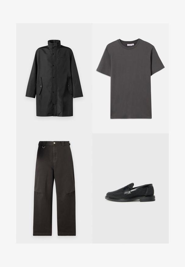 Svart vannavstøtende jakke med høy krage, trykknapper og sidelommer. Glatt stoff med en avslappet, rett skjæring.; En enkel, mørkegrå kortermet T-skjorte med rund hals, med en liten hvit merkeetikett inne i kragen, på en hvit bakgrunn.; Svarte vide bukser laget av solid stoff, med frontlukking med knapp og sidelommer. Inkluderer en metallringdetalj på midjen.; Sorte vevde slip-on sko med en glatt lærdetalj på overdelen, design med rund tå og en lavprofil gummisåle.