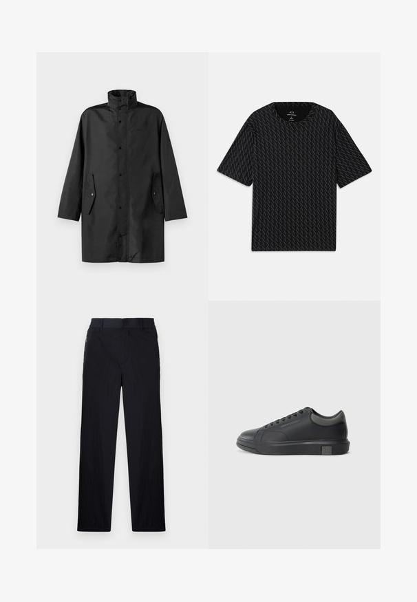 Must tõmbamatud musta vihmajope kõrge kaelusega, nööbiga ja küljetaskutega. Sile kangas ja lõdva sirge lõikega disain.; Must mustläbiga T-särk, millel on tekstuurne muster vahelduvate 'A' logodega, lühikeste varrukatega ja ümar kaelus. Valmistatud kergest kangast.; Mustad püksid, millel on kerge, tekstuuriga kangas, sirge jala disain, elastne vöökoht ja küljetaskud sipsiga.; Musthave mustad nahk sneaker sileda viimistlusega, ümarate varvaste ja tummiste hallide aktsentidega. Omab paeltega kinnitust ja tekstureeritud kummist talla.