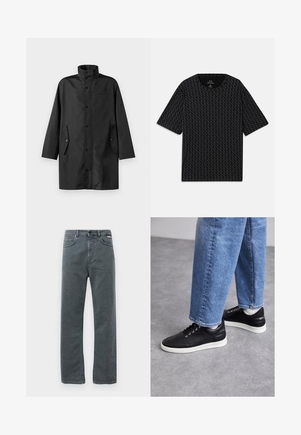 Abrigo impermeable negro con un cuello alto, cierres a presión y bolsillos laterales. Tejido suave con un diseño relajado y corte recto.; Camiseta negra con un patrón texturizado de logos 'A' alternados, mangas cortas y escote redondo. Fabricada con tejido ligero.; Jeans de denim gris con corte recto, cinco bolsillos y cierre de botón. Presenta costuras sutiles y un diseño clásico y minimalista.; Zapatillas de cuero negras con suelas de goma blancas, con cordones redondos, superficie suave y un discreto logo en el talón. Combinadas con jeans azules.