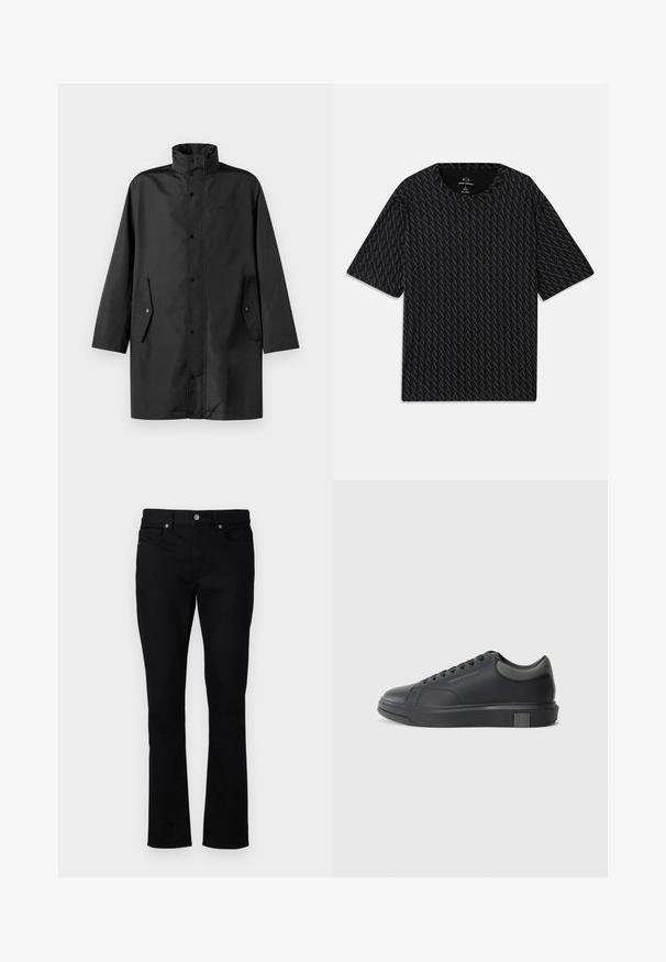 Black waterproof coat featuring a high collar, snap closures, and side pockets. Smooth fabric with a relaxed, straight cut design.; Black T-shirt featuring a textured pattern of alternating 'A' logos, short sleeves, and a crew neckline. Made from lightweight fabric.; Black denim jeans with a straight-leg cut, featuring a mid-rise waist, five pockets, and metal hardware accents. Smooth texture.; Black leather sneaker with a smooth finish, rounded toe, and dark grey accents. Features lace-up design and textured rubber sole.