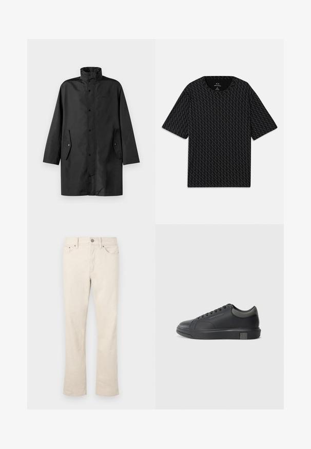 Melna ūdensizturīga jaka ar augstu apkakli, poga slēgšanu un sānu kabatām. Gluda auduma ar brīvu, taisnu griezumu.; Melna t-kreklu ar teksturētu pārveidojumu, kurā mijas 'A' logotipi, īsām piedurknēm un apaļu kakla izgriezumu. Izgatavots no viegla auduma.; Beige krāsas kokvilnas auduma džinsi ar taisnu kāju dizainu. Iezīmē priekšējo pogu un rāvējslēdzēju, piecus kabatītes un smalkus izšūšanas elementus.; Melna ādas sporta apavi ar gludu apdari, noapaļotu purngali un tumši pelēkiem akcentiem. Aprīkoti ar šņorēšanas dizainu un strukturētu gumijas zoli.