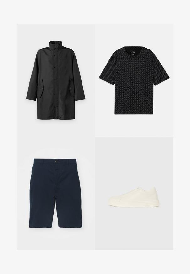 Fekete vízálló kabát, magas gallérral, patentos záródással és oldalsó zsebekkel. Simító anyag, laza, egyenes szabású dizájnnal.; Fekete póló, váltakozó 'A' logók textúrájával, rövid ujjakkal és kerek nyakkivágással. Könnyű anyagból készült.; Tengeri kék pamut rövidnadrág, lapos elülső résszel, gombos záródással és oldalsó zsebekkel. Térd hosszúságú, sima textúrával és tiszta varratokkal.; Alacsony szárú, bézs bőr sportcipő kerek orral, minimális varrással és oldalcipzárral, fehér háttér előtt.