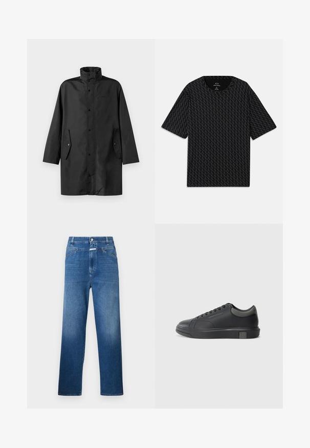 Musta vedenpitävä takki, jossa on korkea kaulus, nepparit ja sivutaskut. Sujuva kangas rentoa suoraa leikkuuta.; Mustat T-paita, jossa on teksturoitu kuvio, jossa vuorottelevat 'A' -logot, lyhyet hihat ja pyöreä pääntie. Valmistettu kevyestä kankaasta.; Siniset farkut suoralla lahkeella, joissa on nappikiinnitys, vyölenkit ja hillitty haalistuma reidellä.; Musta nahkasneakeri, jossa on sileä pinta, pyöreä varvastulli ja tummanharmaat yksityiskohdat. Varustettu nauhakiinnityksellä ja kuvioidulla kumipohjalla.