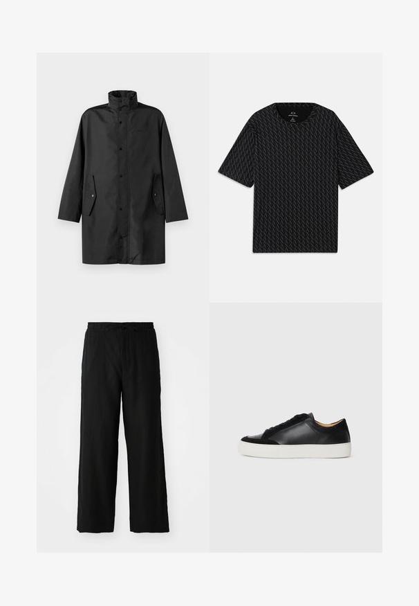 Black waterproof coat featuring a high collar, snap closures, and side pockets. Smooth fabric with a relaxed, straight cut design.; Black T-shirt featuring a textured pattern of alternating 'A' logos, short sleeves, and a crew neckline. Made from lightweight fabric.; Black wide-leg pants made of lightweight fabric, featuring an elastic waistband with drawstring and no visible pockets or patterns.; Black leather sneaker with suede accents, round toe, flat white rubber sole, and contrasting textures on the body and laces.