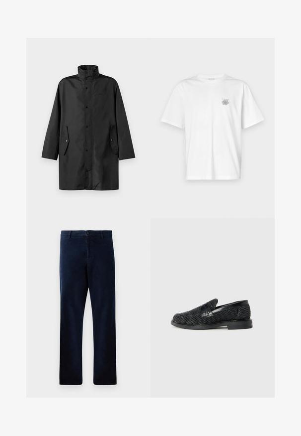 Manteau imperméable noir avec un col haut, des fermetures à pression et des poches latérales. Tissu lisse au design décontracté et droit.; T-shirt blanc en coton avec des manches courtes, un col ras du cou et un petit logo gris sur la partie gauche de la poitrine. Texture lisse.; Pantalons bleu marine en tissu doux et texturé, avec une fermeture à bouton et une coupe droite, dotés de détails de couture subtils.; Chaussure slip-on tissée noire avec un accent en cuir lisse sur le dessus, un design à bout rond et une semelle en caoutchouc à profil bas.