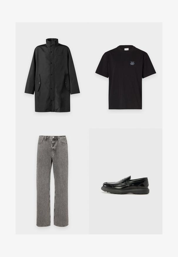 Čierny nepremokavý kabát s vysokým golierom, cvočkovými zapínaniami a bočnými vreckami. Hladká látka s uvoľneným, rovnými strihom.; Čierne bavlnené tričko s okrúhlym výstrihom a krátkymi rukávmi. Obsahuje malú modrú nášivku na ľavej hrudi. Jednoduchý, rovný strih.; Hnedé džínsové nohavice so strihom rovného strihu, dizajnom s piatimi vreckami a gombíkovým zapínaním v páse. Po celom obvode jemné vyblednutie.; Čierne kožené mokasíny s lesklým povrchom, okrúhlou špicou, subtilnými švami a hrubou gumovou podrážkou pre zvýšenú odolnosť.