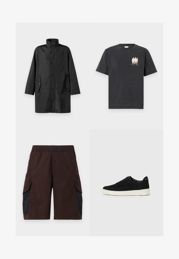 Zwarte waterdichte coat met een hoge kraag, drukknoopsluitingen en zijzakken. Glad materiaal met een relaxte, rechte pasvorm.; Zwarte katoenen T-shirt met korte mouwen, met een kleine witte afbeelding van drie figuren en de tekst "Falling Roses" aan de linkerkant.; Bruine shorts met een elastische tailleband, voorzien van zwarte zijpanele en steekzakken. Materiaal lijkt lichtgewicht met een gladde textuur.; Zwarte suède sneakers met vetersluiting en contrasterende witte rubberen zool. Voorzien van textuurpanelen aan de zijkanten en subtiele branding op de hiel.