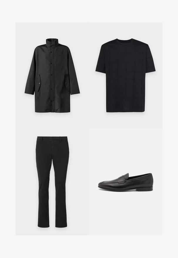 Musta vedenpitävä takki, jossa on korkea kaulus, nepparit ja sivutaskut. Sujuva kangas rentoa suoraa leikkuuta.; Armani Exchange Printtipaita - black; Mustat chinopantsit, jotka on valmistettu puuvillasta, slim fit -designilla, suorat lahkeet, etutaskut ja siisti, sileä rakenne, sopivat erilaisiin tilaisuuksiin.; Musta nahkainen miesten loaferi, jossa on matala korko ja klassinen penny-nauha, esitelty sivuprofiilissa valkoista taustaa vasten.