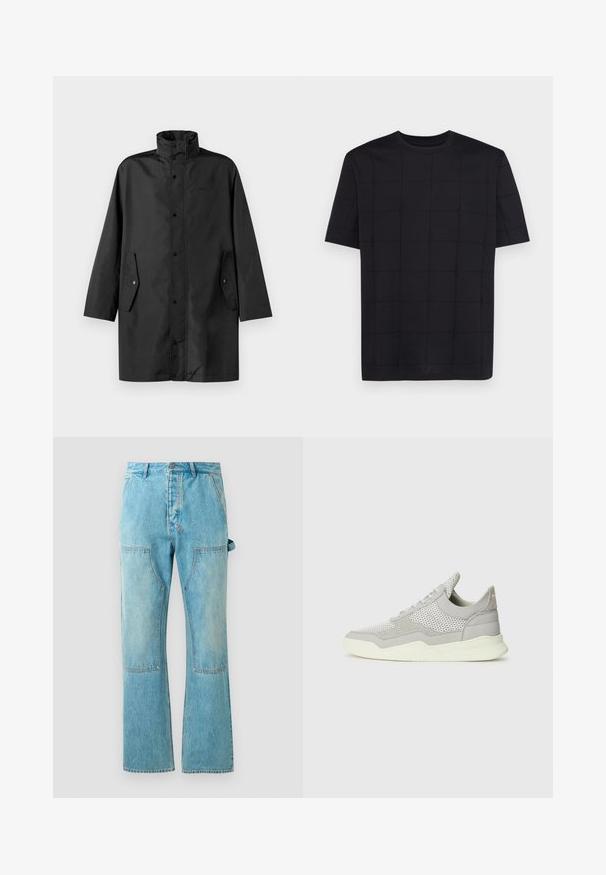 Čierny nepremokavý kabát s vysokým golierom, cvočkovými zapínaniami a bočnými vreckami. Hladká látka s uvoľneným, rovnými strihom.; Armani Exchange Tričko s potlačou - black; Svetlo modré džínsy s rozšíreným strihom, s kontrastnými patchwork panelmi, prednými vreckami a gombíkovým zapínaním v páse.; Sivé tenisky s mesh a semišovými časťami, gumenou podrážkou a svetlými akcentmi. Majú zakrivený dizajn a textúrované panely.