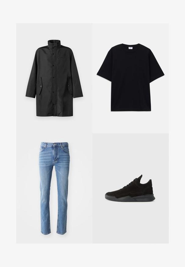Svart vattentät jacka med hög krage, tryckknappar och sidofickor. Slät tyg med en avslappnad, rak passform.; Svart kortärmad oversized T-shirt med rund halsringning och synlig Filippa K-märkesetikett inuti kragen.; Ljust blå denimjeans med rak benform, fem fickor, subtil blekning på tyget och en knapp- och dragkedjestängning i midjan.; Svart mockaskor med låg profil, texturerad ovansida, platta snören och en solid gummisula med en lätt klack och böjd design.