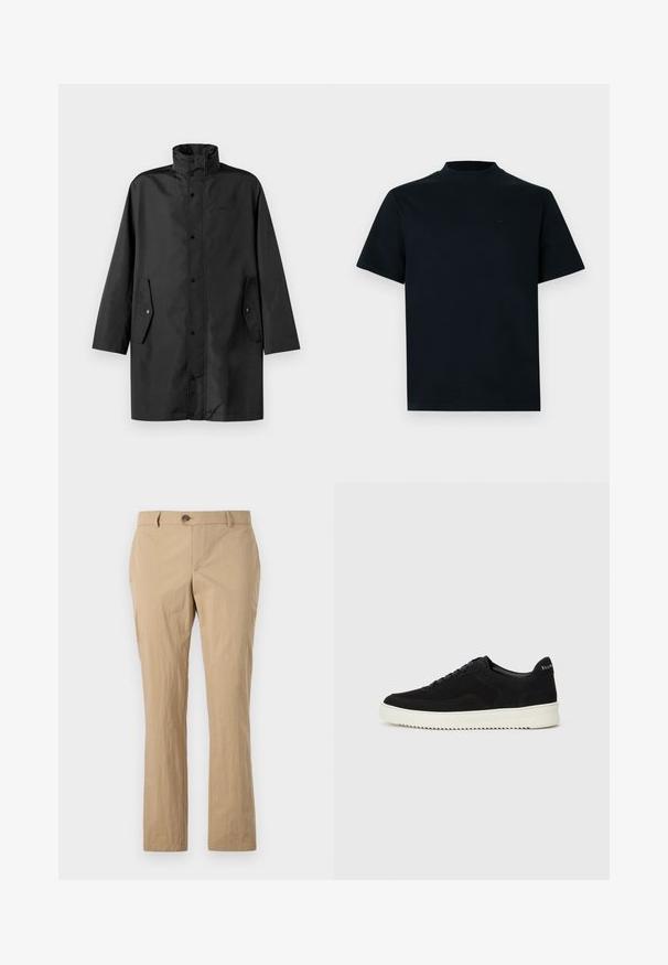 Must tõmbamatud musta vihmajope kõrge kaelusega, nööbiga ja küljetaskutega. Sile kangas ja lõdva sirge lõikega disain.; Lühikeste varrukatega t-särk, mis on täiesti must ja millel on kõrge kaelus. Valmistatud siledast kangast, omab minimalistlikku disaini ning diskreetset brändingut rinnal.; Beežist puuvillased püksid sirge sääre disainiga, millel on nööpkinnitus, vööloopid ja sile tekstuur. Nähtavad mustrid puuduvad.; Mustad suede jooksujalatsid, millel on paelad ja kontrastne valge kummitald. Omab tekstuuriga külgpaneele ja tagasihoidlikku brändimist kandadel.