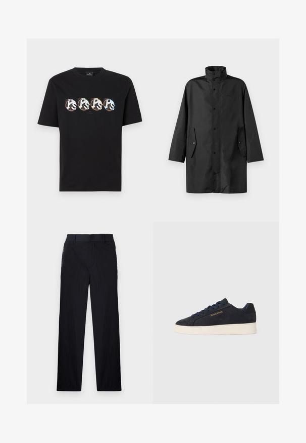 Black waterproof coat featuring a high collar, snap closures, and side pockets. Smooth fabric with a relaxed, straight cut design.; Black cotton t-shirt featuring four circular graphic prints of the text "Ps" in varying colors, with short sleeves and crew neckline.; Black trousers featuring a lightweight, textured fabric, straight-leg design, elastic waistband, and side zip pockets.; Navy blue suede low-top sneaker with white sole, navy laces, and "Filling Pieces" logo in gold on the side.
