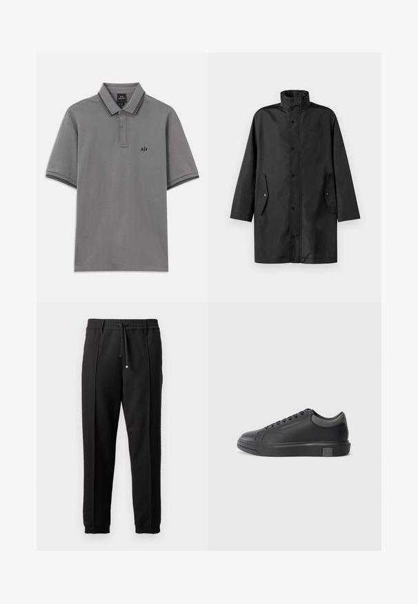 Svart vannavstøtende jakke med høy krage, trykknapper og sidelommer. Glatt stoff med en avslappet, rett skjæring.; Grå kortermet polo skjorte med svart kant på krage og ermer, knappestolpe og liten svart A|X-logo på venstre bryst.; Sorte bukser med liv, snor og elastiske mansjetter. Har plisséer og et glatt, teksturert stoff.; Sorte lærersneakers med en glat finish, rund tå og mørkegrå detaljer. Har snørebånd og en struktureret gummisål.
