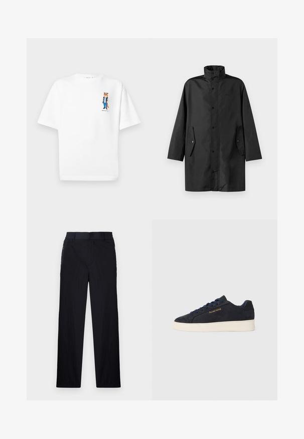 Černý nepromokavý kabát s vysokým límcem, patentkami a bočními kapsami. Hladká látka s uvolněným, rovně střiženým designem.; Bílý bavlněný tričko s pohodlným střihem. Má barevnou grafiku lišky v džínové bundě umístěnou na levé části hrudi.; Černé kalhoty s lehkým, strukturovaným materiálem, rovnými nohavicemi, elastickým pasem a postranními zipovými kapsami.; Námornická modrá semišová nízká obuv s bílou podrážkou, námořnickými tkaničkami a zlatým logem "Filling Pieces" na boku.