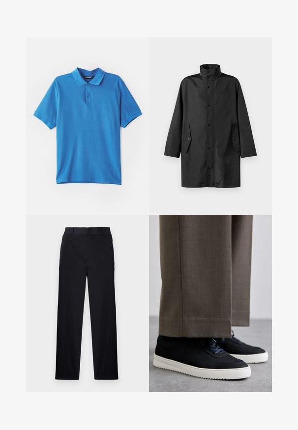 Svart vannavstøtende jakke med høy krage, trykknapper og sidelommer. Glatt stoff med en avslappet, rett skjæring.; Blå polotrøye laget av mykt stoff. Har klassisk krage, tre-knappers knappeåpning, og en liten logo på brystet.; Sorte bukser med lett og teksturert stoff, rett ben-design, elastisk midjebånd og sidelommer med glidelås.; Svarte suedeglans sneakers med hvite gummisåler, med rund tå og lisser, iført grå skreddersydde bukser.