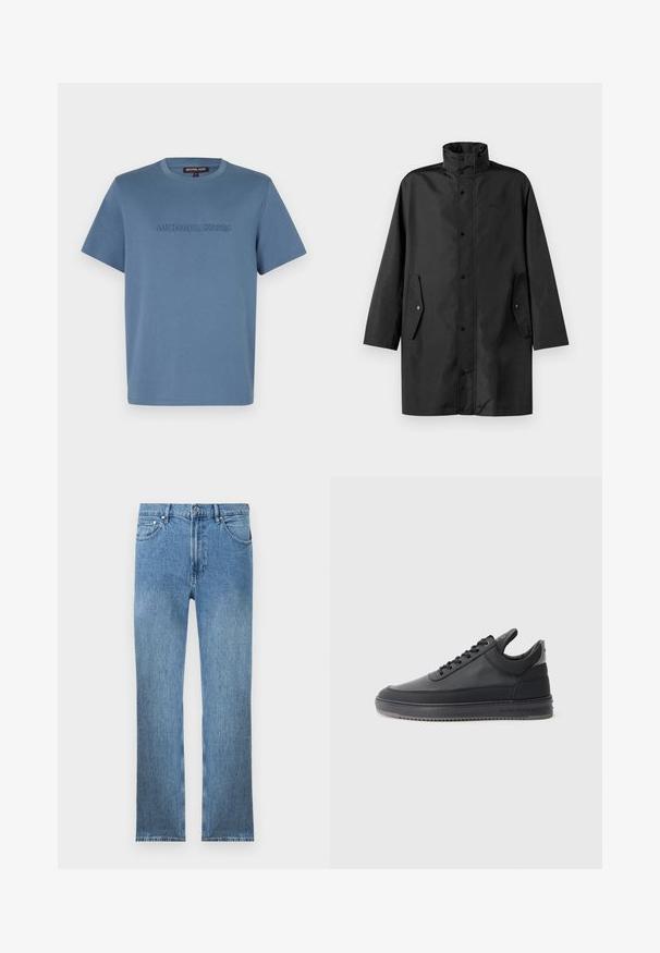 Cămașă impermeabilă neagră, cu guler înalt, închidere cu capse și buzunare laterale. Material neted cu un design relaxed, cu croială dreaptă.; Tricou din bumbac de culoare bleu deschis, cu guler rotund și mâneci scurte, având „MICHAEL KORS” embosat pe față într-o nuanță potrivită.; Jeans din denim de culoare albastru deschis, cu croi drept, cinci buzunare, fermoar la avant, și cusături contrastante. Materialul are un finisaj neted, texturat.; Pantofi sport din piele neagră cu o suprafață texturată, design cu sireturi, cu glezna joasă și o talpă din cauciuc gri cu margine zimțată.