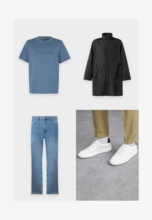 Sort vandtæt frakke med høj krave, trykknaplukninger og sidelommer. Glat stof med et afslappet, lige snit.; Lyseblå bomulds t-shirt med rund hals og korte ærmer, med "MICHAEL KORS" præget på forsiden i en matchende farve.; Lysblå denim jeans med lige snit, fem lommer, lynlås og kontrastsyninger. Stoffet har en glat, tekstureret overflade.; Hvide sneakers med en tekstureret læderfinish, rund tå og sort hælaccent. Gummisål med lille mønster og syede detaljer.