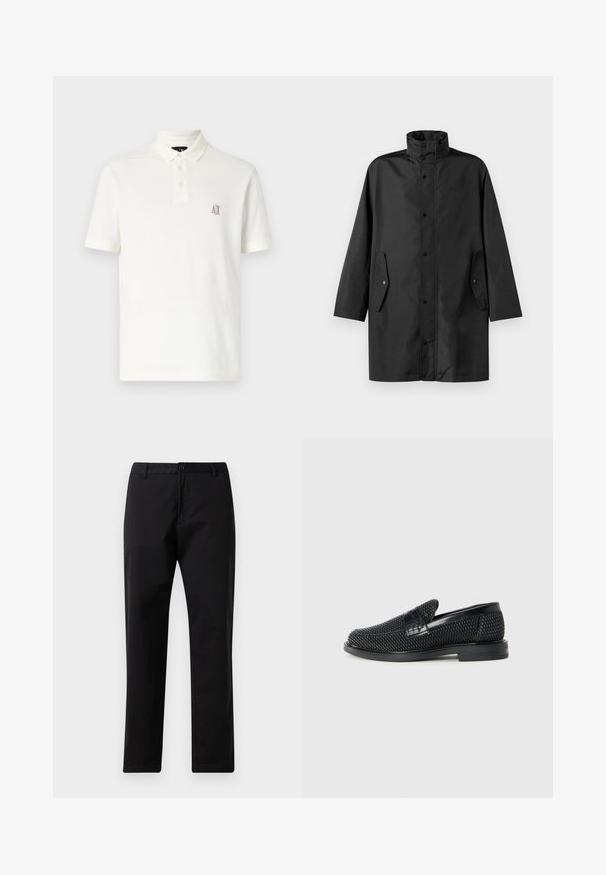 Fekete vízálló kabát, magas gallérral, patentos záródással és oldalsó zsebekkel. Simító anyag, laza, egyenes szabású dizájnnal.; Fehér pólóing, 100% pamutból készült, két gombos gallérral, rövid ujjakkal, és egy kis, barna hímzett logóval a bal mellel.; Fekete egyenes szabású nadrág gombos és cipzáras záródással, övhurkokkal és elülső zsebekkel, fehér háttérre kihelyezve.; Fekete szőtt slip-on cipő sima bőr díszítéssel a felsőrészen, kerek orral és alacsony profilos gumitalppal.