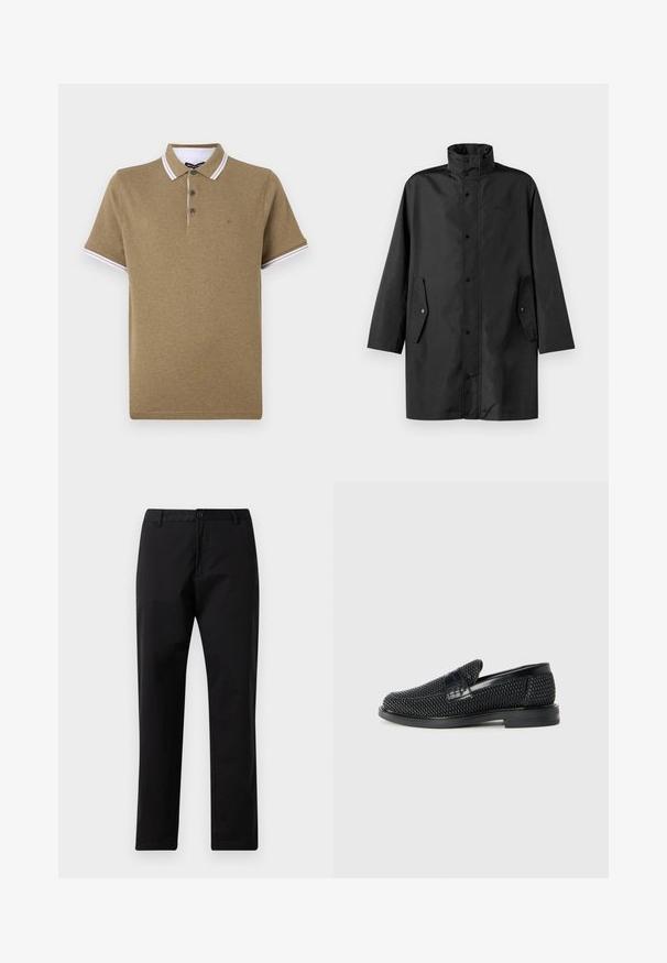 Svart vannavstøtende jakke med høy krage, trykknapper og sidelommer. Glatt stoff med en avslappet, rett skjæring.; Brun bomullspolo med hvitstripet krage, to-knappert placket og lite logo på brystet. Korte ermer, uformell design.; Svarte rette bukser med knapp- og glidelås-lukking, beltehemper og frontlommer, vist på hvit bakgrunn.; Sorte vevde slip-on sko med en glatt lærdetalj på overdelen, design med rund tå og en lavprofil gummisåle.